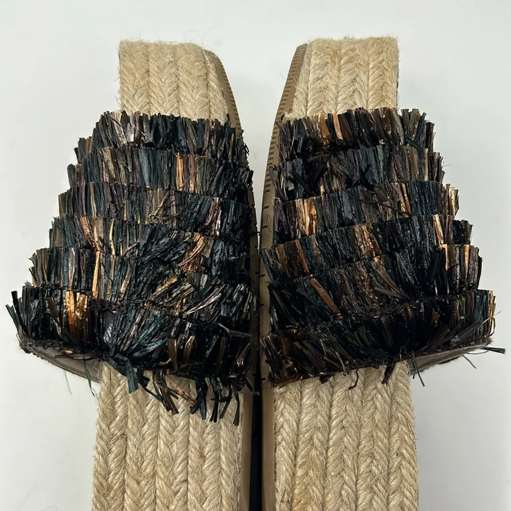 Paloma Barcelo Brown Raffia Espadrille Slip On Slide Platform Sandals EU Size 39